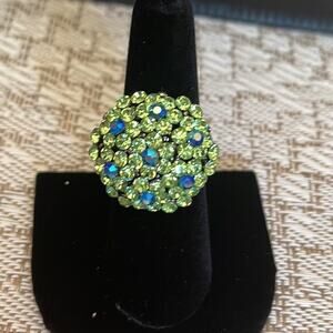 gorgeous vintage green & blue rhinestones Cocktail Ring adjustable size